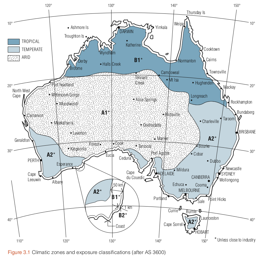 A Map showing the climatic zones and exposure classifications of Australia