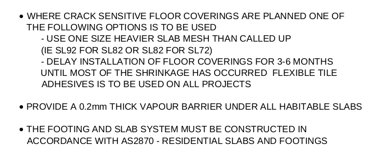 quite and important note in the general notes about crack sensitive floor coverings