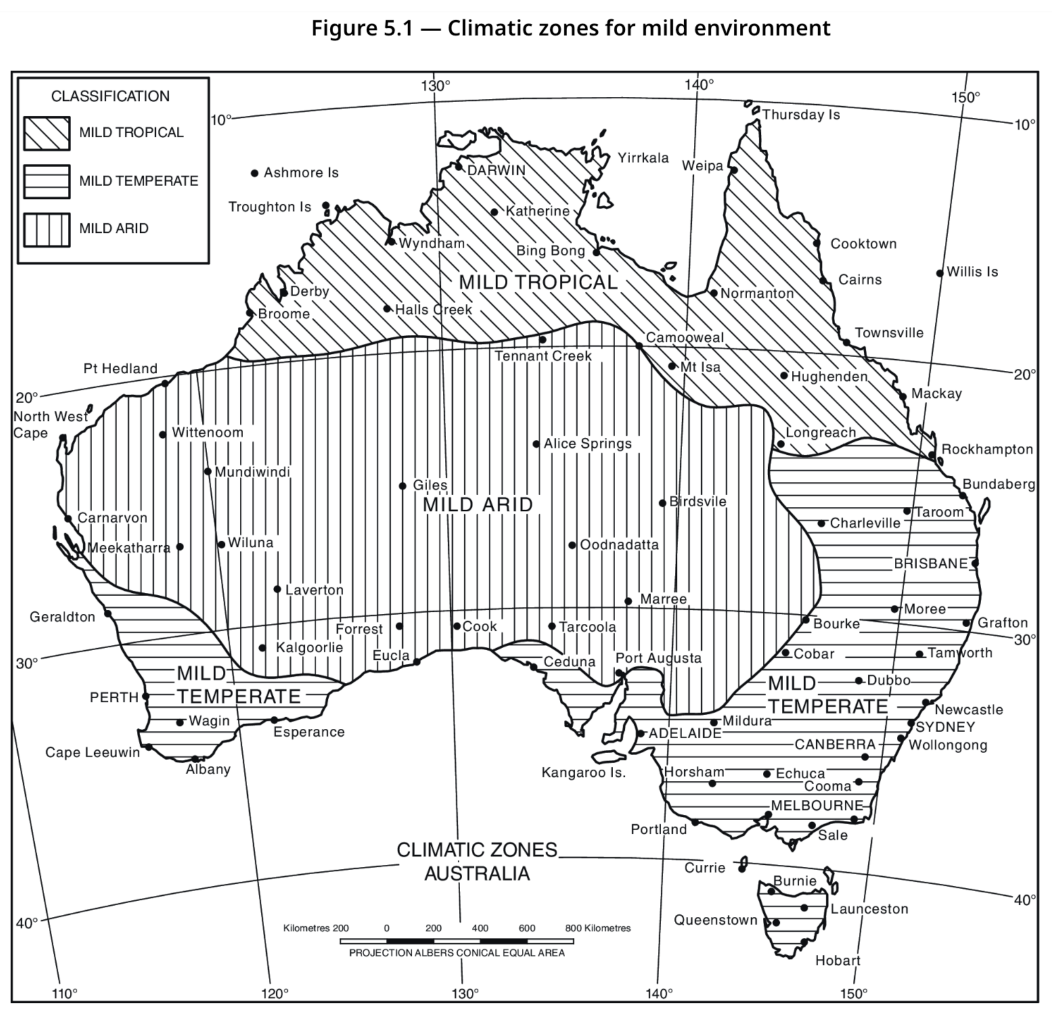 Climate zone map of Australia for mild environments