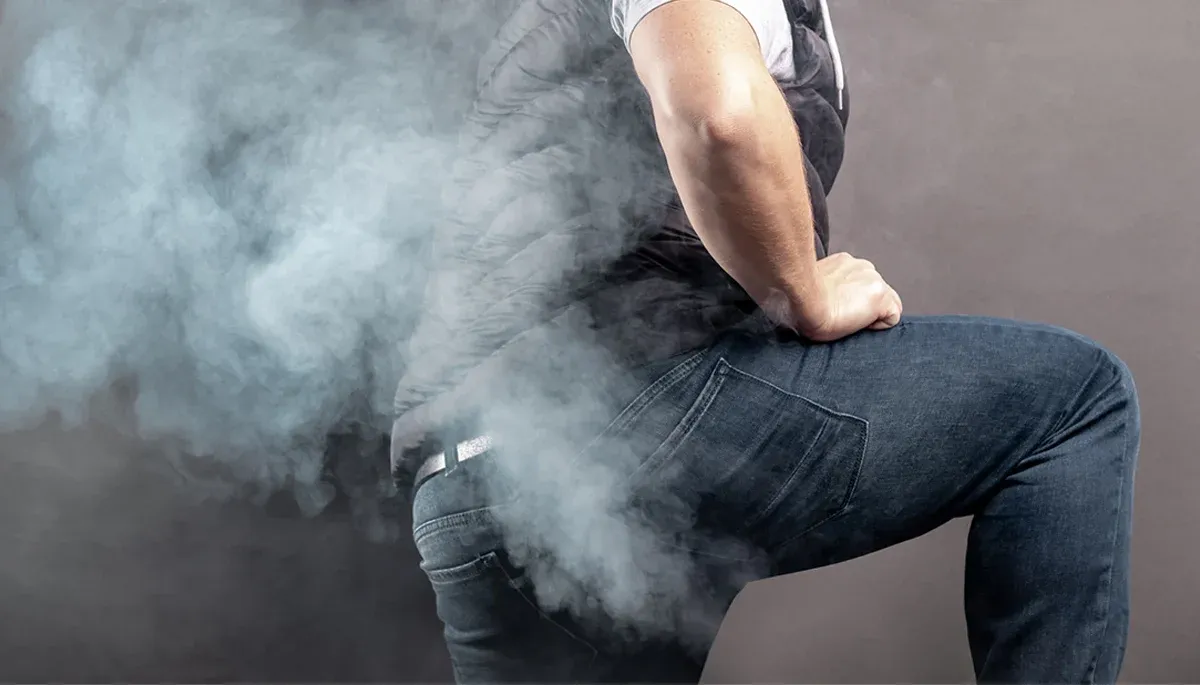 Man farting gas cloud from rectum, anus, fart