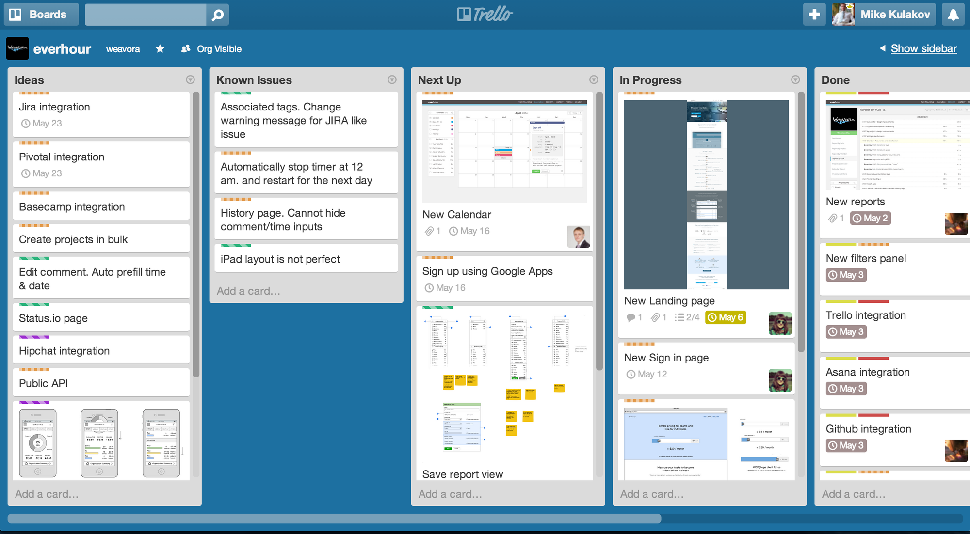 trello board with cards